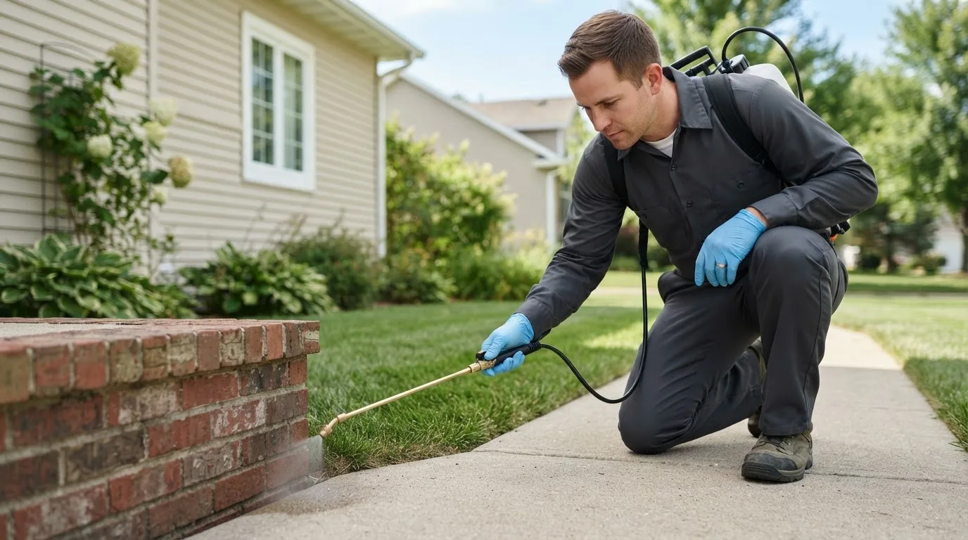 Pest control technician treating a home near Winn, ME